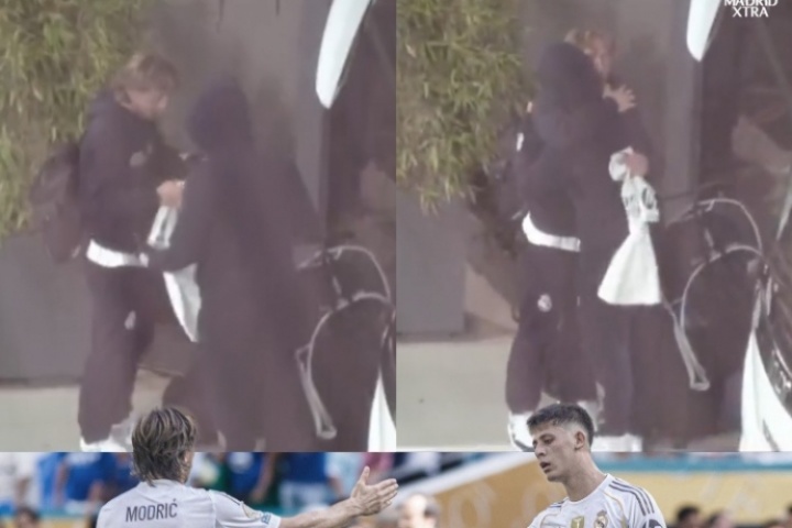 接棒??回到馬德里后莫德里奇將自己的球衣給居勒爾，兩人擁抱