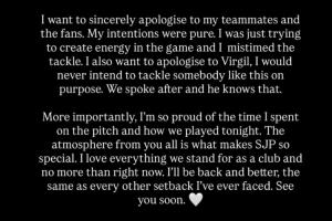 【不是故意的】戈登就鏟倒范戴克染紅道歉：我絕不會故意這樣鏟人