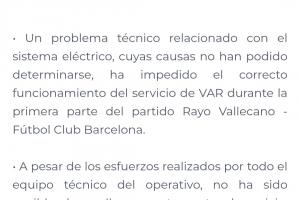 巴薩vs巴列卡諾VAR故障，供應(yīng)商回應(yīng)：因技術(shù)問題未能正常運(yùn)行