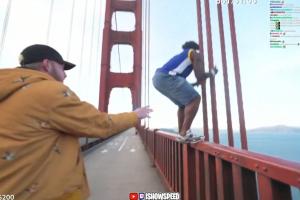 頂流網(wǎng)紅Speed穿庫(kù)里球衣站金門大橋護(hù)欄上后空翻 經(jīng)紀(jì)人嚇個(gè)半死