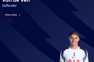 3次攔截+傳球成功率95.6%！范德文當(dāng)選熱刺vs狼隊(duì)最佳球員