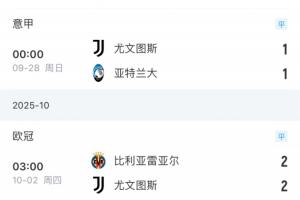 平局大師！尤文4連平追平上賽季平局紀錄，上賽季聯(lián)賽18勝16平4負