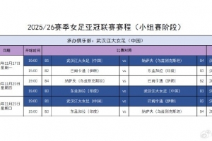 武漢女足亞冠小組賽賽程確定，比賽11月17日-23日在武漢進行