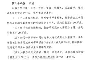 球迷有歧視行為的，若證據(jù)確鑿，其所支持俱樂(lè)部將至少被罰款50萬(wàn)